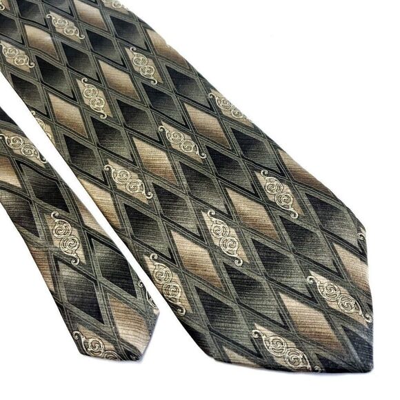 Puritan Green Tan Abstract Geometric Print Wide Silk Tie - Picture 1 of 6